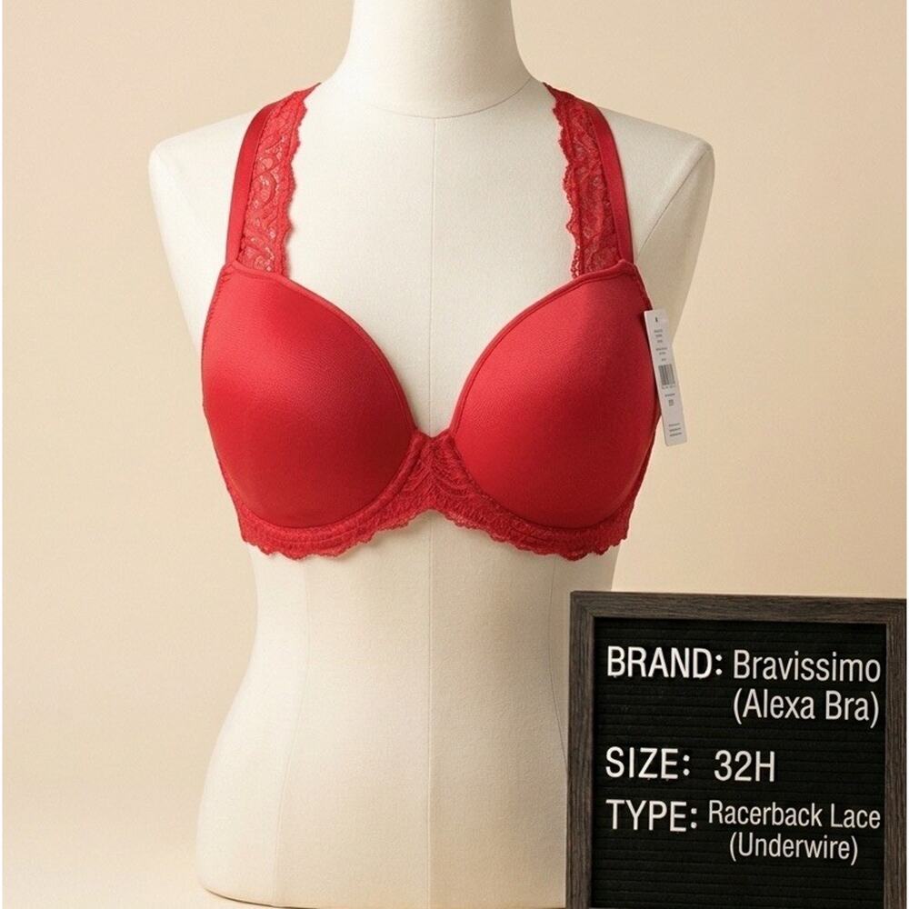 Bravissimo Alexa Bra LN553 32H Red Plunge Lace Racerback Underwire NWT